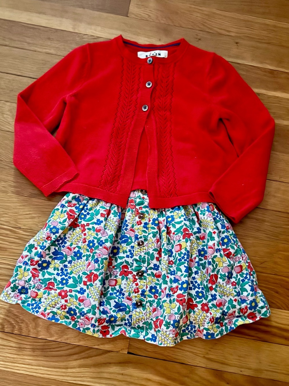 Mini Boden 4-5Y Set: Red Pointelle Cardi and Liberty Floral Print Cord Skirt